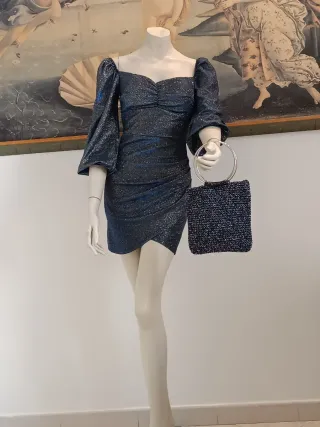 Abito corto metallizzato blu/argento drappeggiato