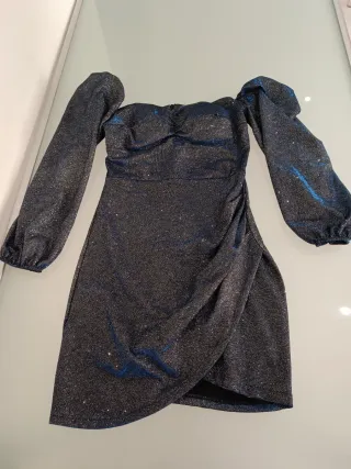 Abito corto metallizzato blu/argento drappeggiato