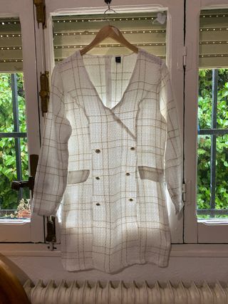 Vestido cuadros tweed dorado y blanco