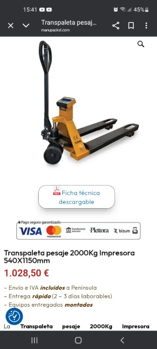 Transpaleta con báscula de torreta