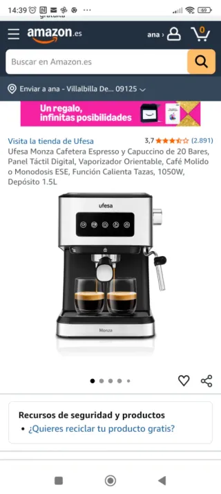 Cafetera Espresso Ufesa Monza