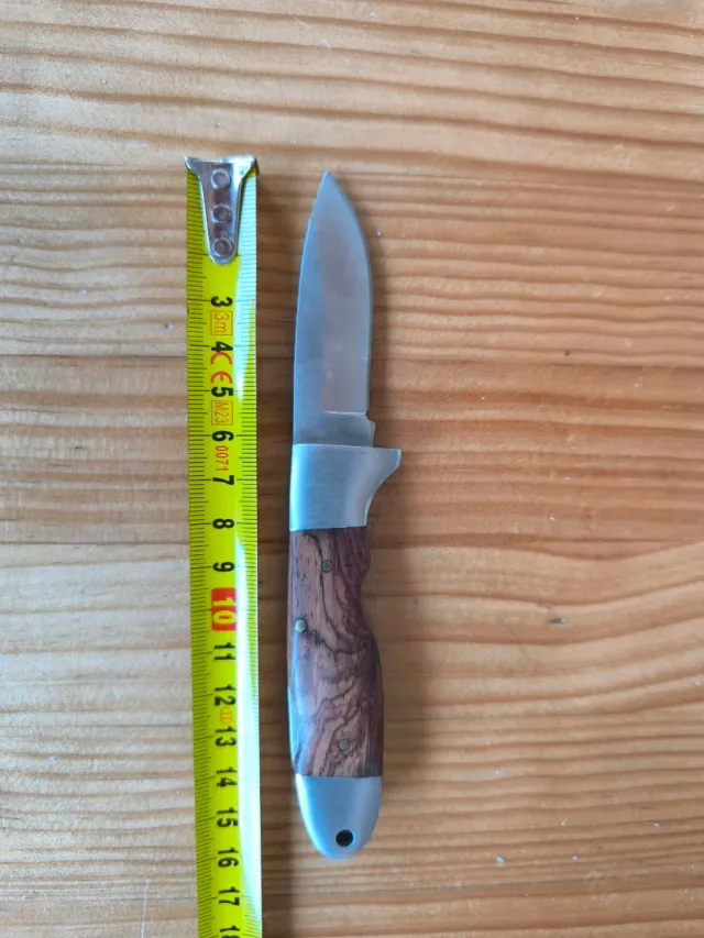 Strumento in acciaio con manico in legno. Lama