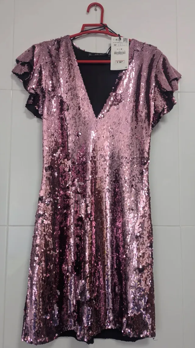 Vestido lentejuelas Zara rosa talla M Sin estrenar