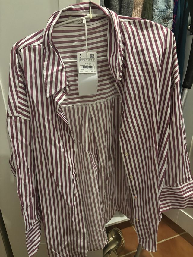 Camisa Zara Rayas Morado/Blanco Talla XXL