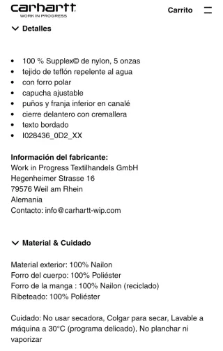 Cazadora Carhartt WIP Invierno Talla XL