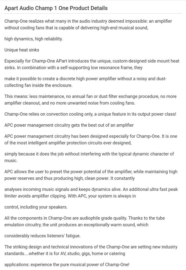 Amplificador Hi-Fi APART CHAMP ONE 2x600W