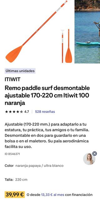 Tabla de paddle Surf 130kg + accesorios, ITIWIT