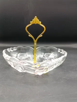 Bandeja Corazón de cristal con asa dorada