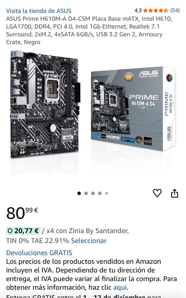 Placa Base ASUS Prime H610M-A D4 LGA1700