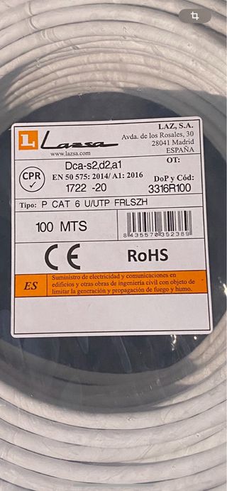 Cable Red CAT 6 U/UTP FRLSZH - 100m