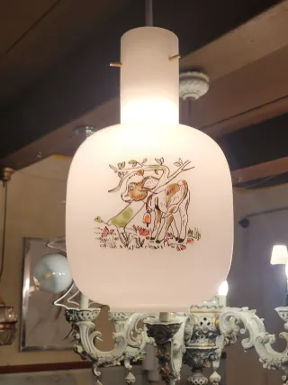 Lampada sospensione anni '50 vetro opalino dipinto