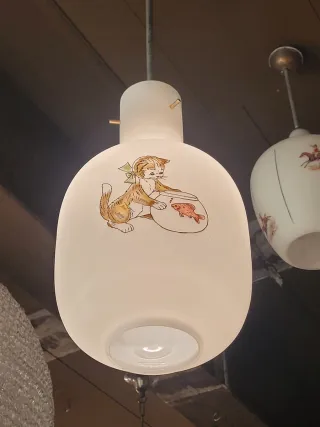 Lampada sospensione anni '50 vetro opalino dipinto
