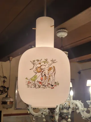 Lampada sospensione anni '50 vetro opalino dipinto