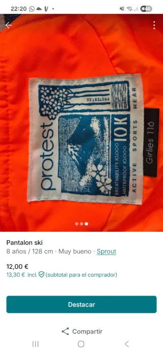 Pantalón de esquí naranja para niño 8 años 116