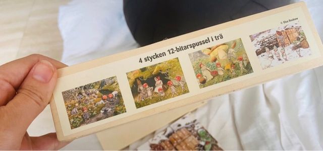 Puzzle madera Elsa Beskow y adornos setas
