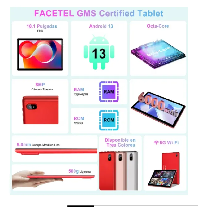 Tablet FACETEL 10 Android 13 12GB RAM 128GB Rosso
