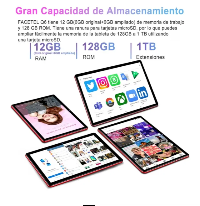 Tablet FACETEL 10 Android 13 12GB RAM 128GB Rosso