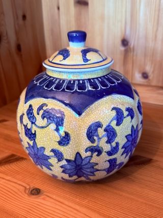 Jarrón Bombonera Cerámica Azul y Beige