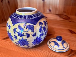 Jarrón Bombonera Cerámica Azul y Beige