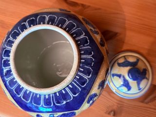 Jarrón Bombonera Cerámica Azul y Beige