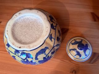 Jarrón Bombonera Cerámica Azul y Beige