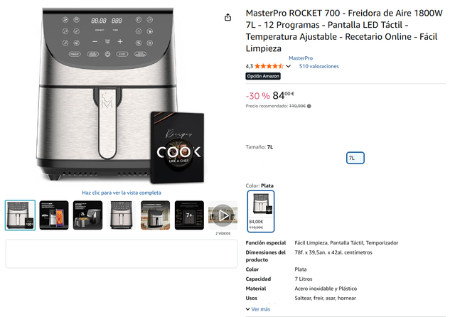 ¡-29%! Freidora de Aire MasterPro ROCKET 700 - 7L