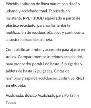 Mochila ecológica gris, antirrobo, reciclado 300D