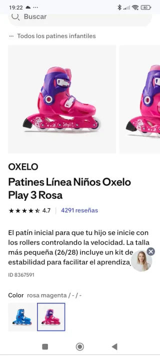 Patines Oxelo Play 3 Rosa Niña Talla 26/28