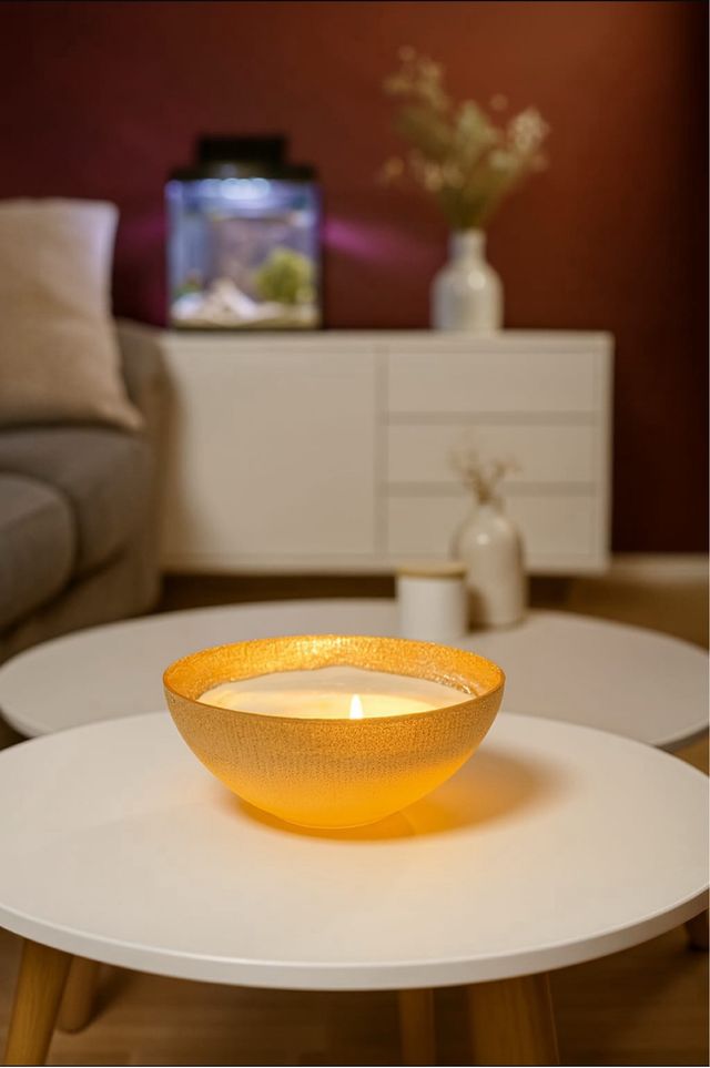 Vela Soja decorativa dorada y blanca.