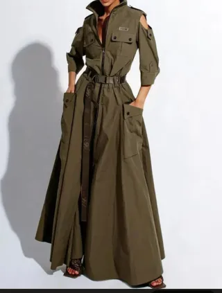 Vestido gabardina largo verde oliva