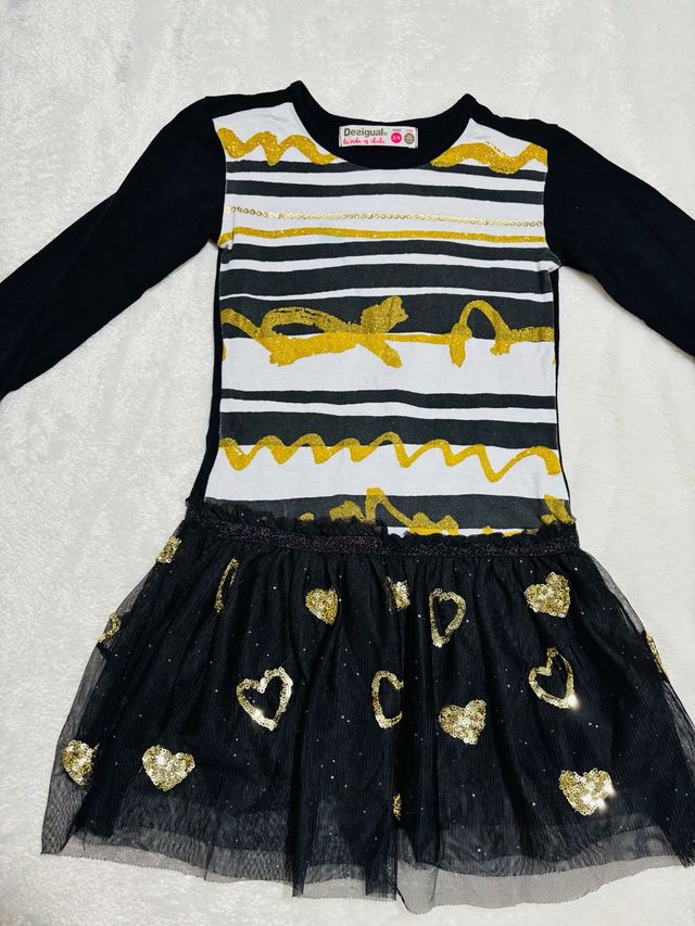 Vestido Desigual Niña Negro Corazones Dorados