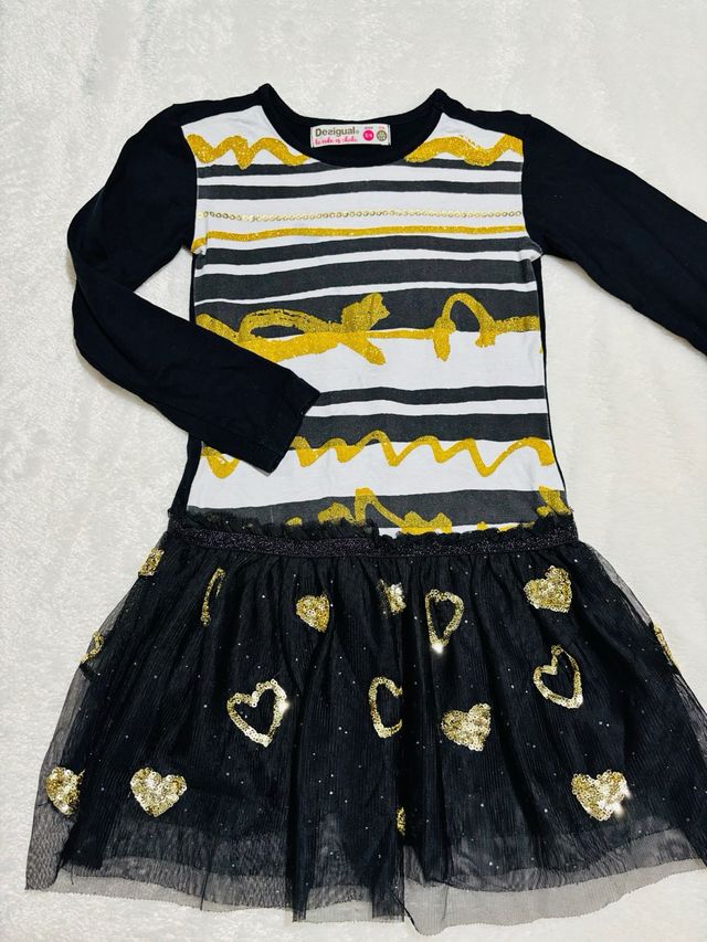 Vestido Desigual Niña Negro Corazones Dorados
