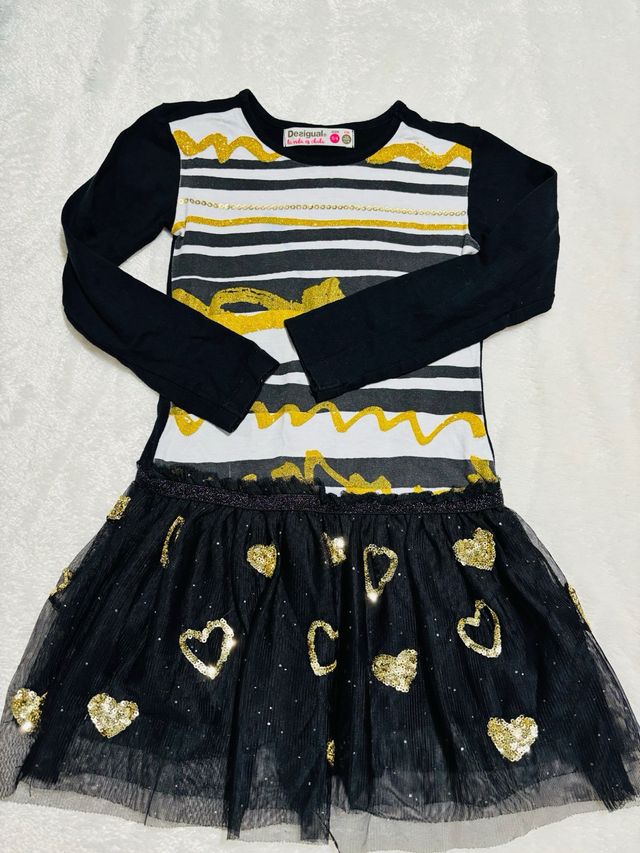 Vestido Desigual Niña Negro Corazones Dorados