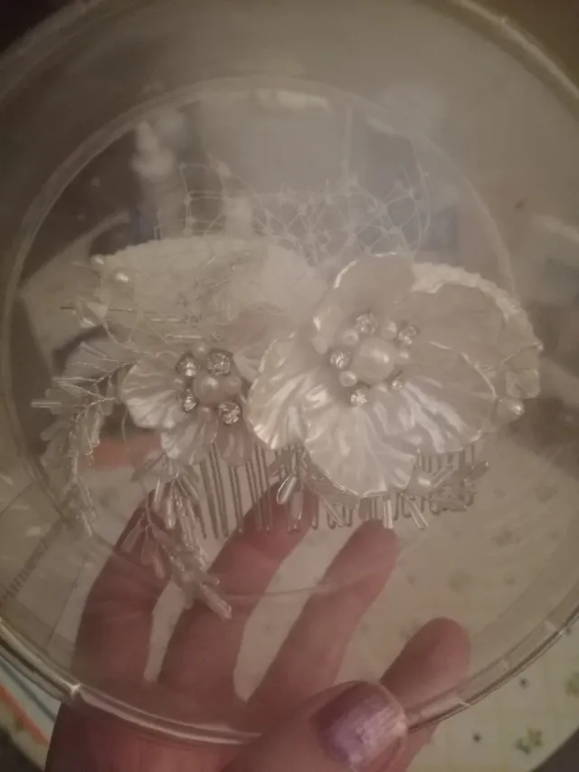 Peineta Novia Flores Perlas Plata Blanco