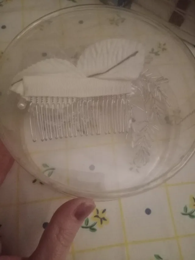 Peineta Novia Flores Perlas Plata Blanco