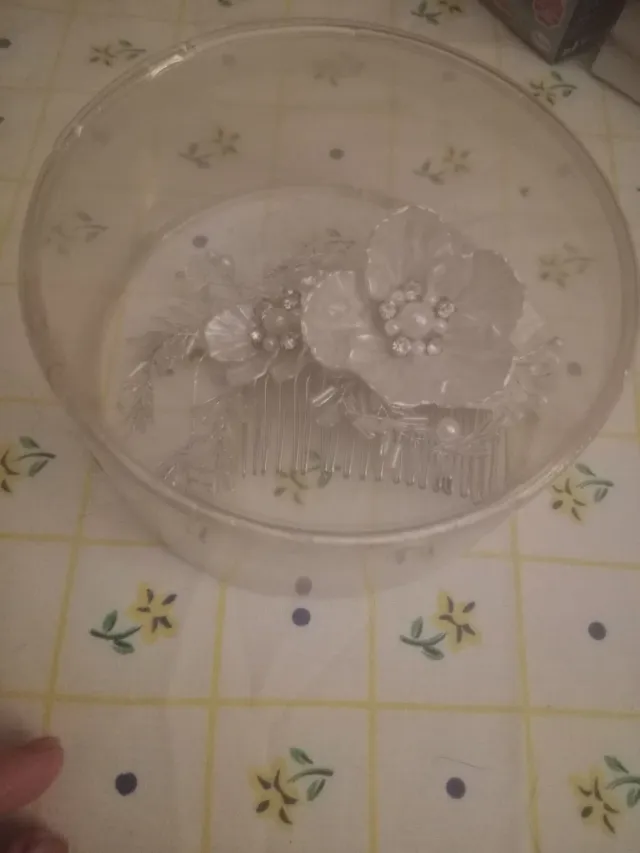 Peineta Novia Flores Perlas Plata Blanco