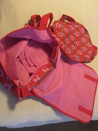 Conjunto bolso mochila mujer rosa y rojo