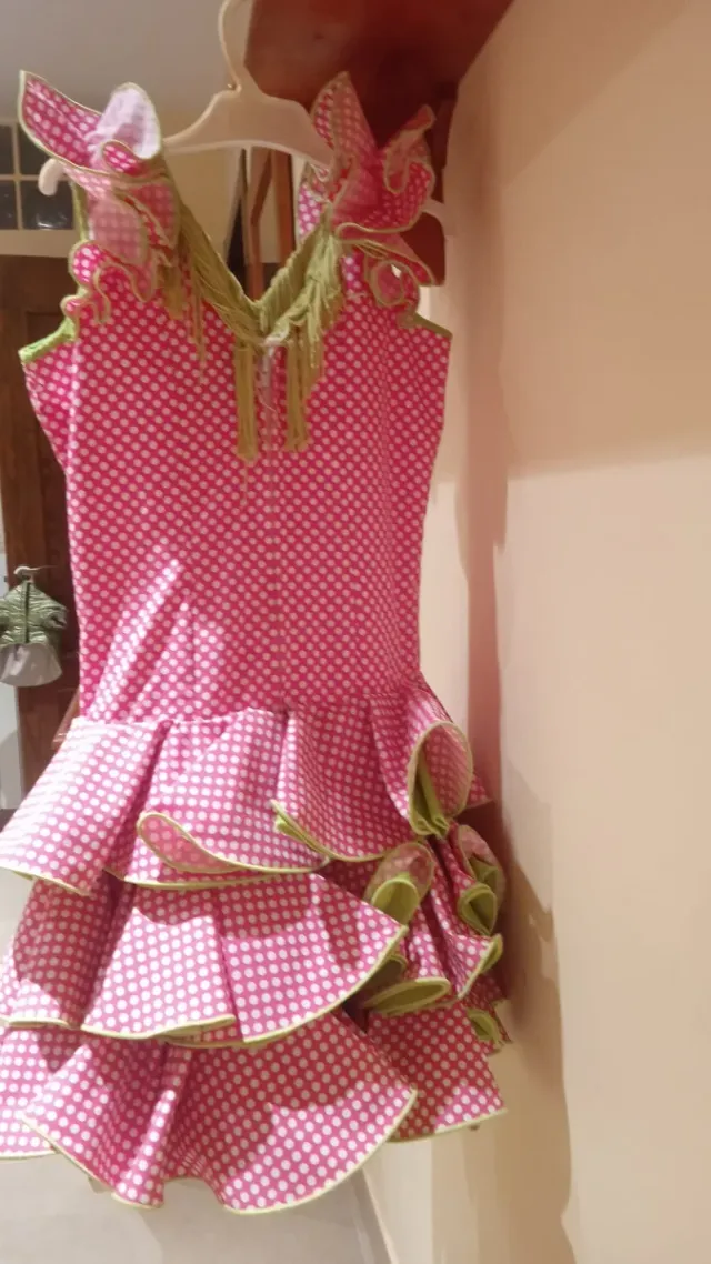 Vestido Flamenca Lunares Rosa y Verde