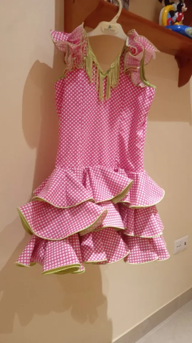 Vestido Flamenca Lunares Rosa y Verde
