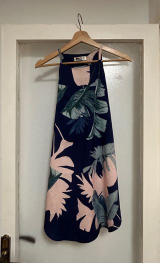 Vestido estampado hojas azul y rosa