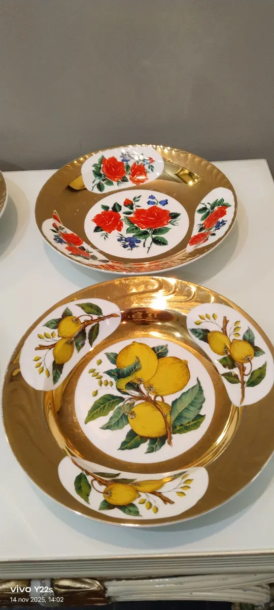 Conjunto platos vintage rosas dorados