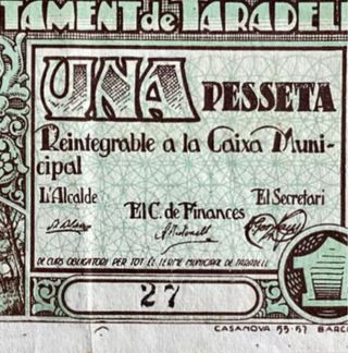1 PESETA * TARADELL 1937 * NÚMERO MUY BAJO