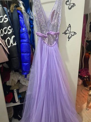 Vestido largo morado y plateado