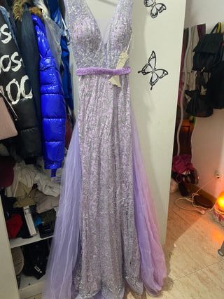 Vestido largo morado y plateado