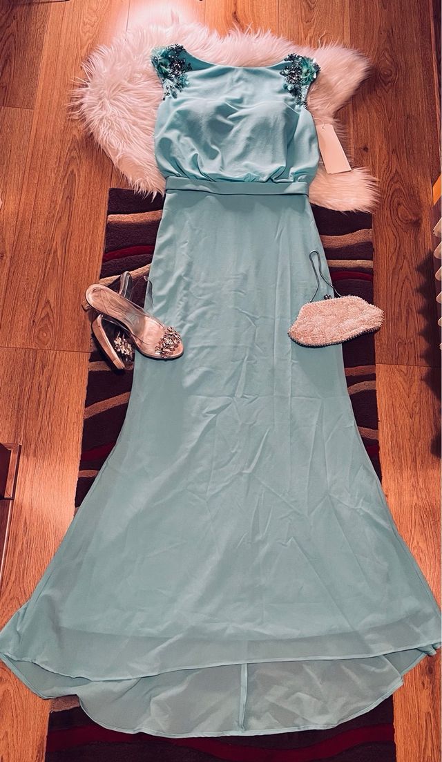 Vestido Rosa Clará Cóctel Plateado/Turquesa