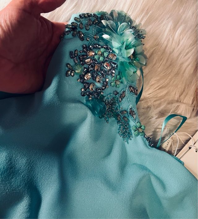 Vestido Rosa Clará Cóctel Plateado/Turquesa