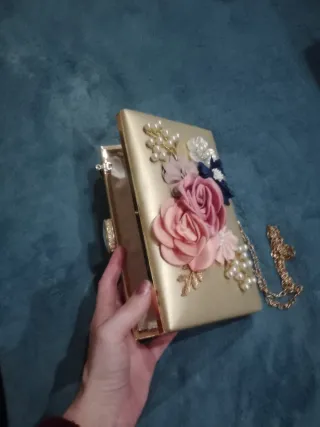 Bolso Cartera Dorado Flores Eventos