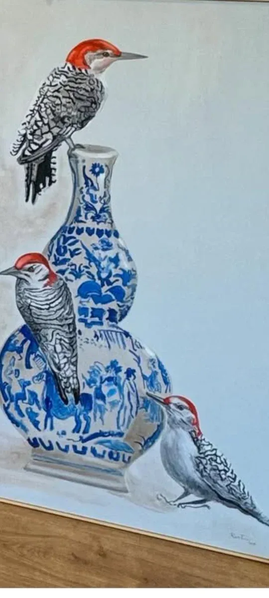 Cuadro Óleo Rocío Terry Pájaros Jarrones