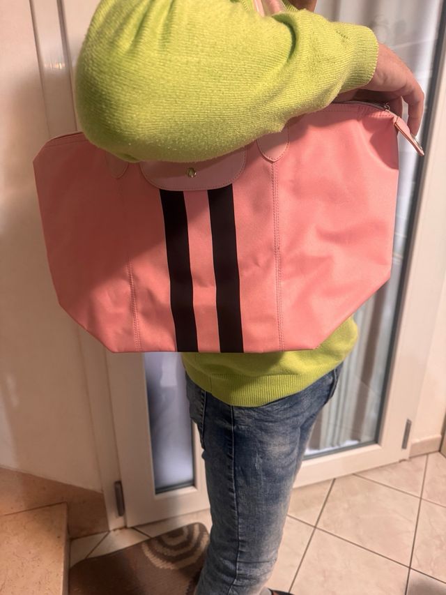 Borsa donna rosa con strisce nere