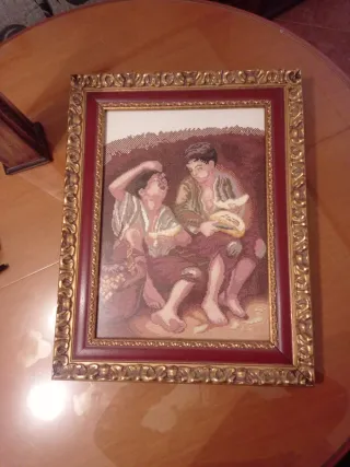 Cuadro Punto de Cruz Sillón Azul Chimenea varios c